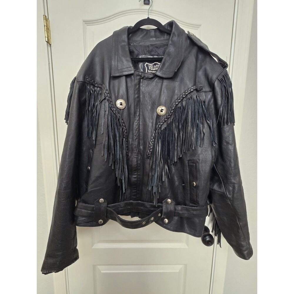 Vintage Velocity Leather Jacket Mens 58 Black Fringe Concho Western Biker Moto